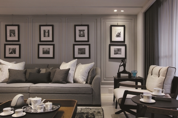 现代奢华客厅浅灰色背景墙室内装修效果图