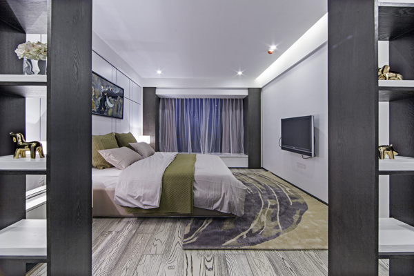 现代清冷风灰色背景墙卧室室内装修效果图
