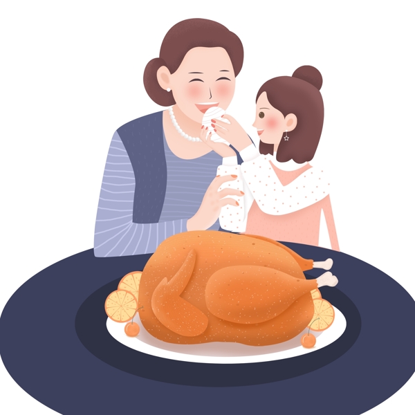 感恩节一起吃火鸡大餐的母女俩