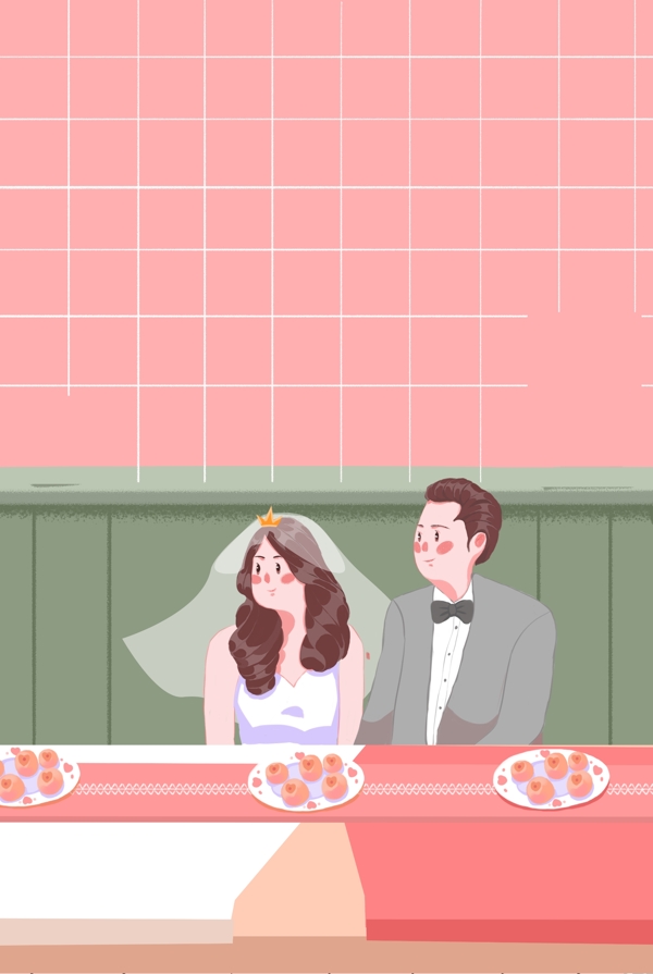 婚礼酒席清新人物插画海报