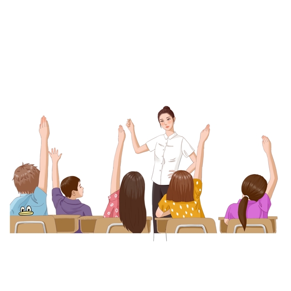 卡通女老师和举手的学生教学场景设计可商用元素