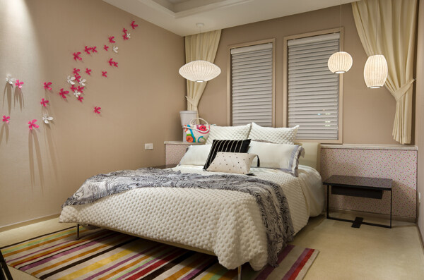 现代文艺卧室条纹地毯室内装修效果图