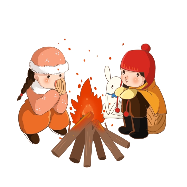 冬季用柴堆取暖的小女孩