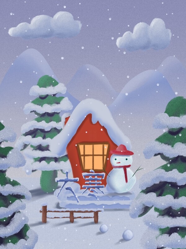 大寒手绘3D雪景动画风可爱小清新冬天你好