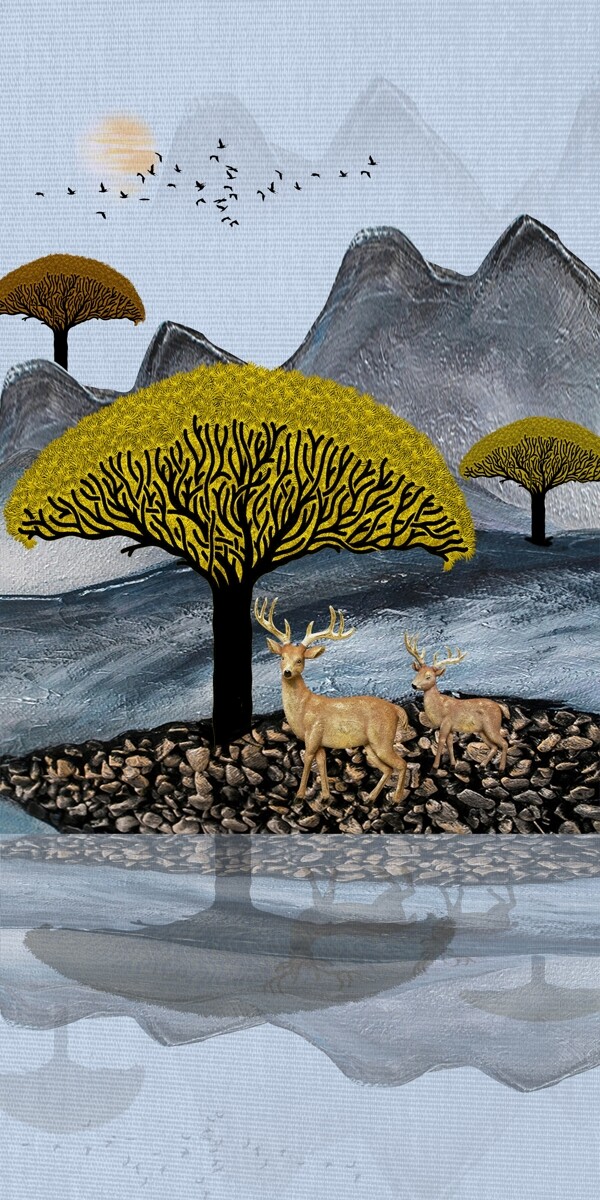 麋鹿树抽象玄关壁画