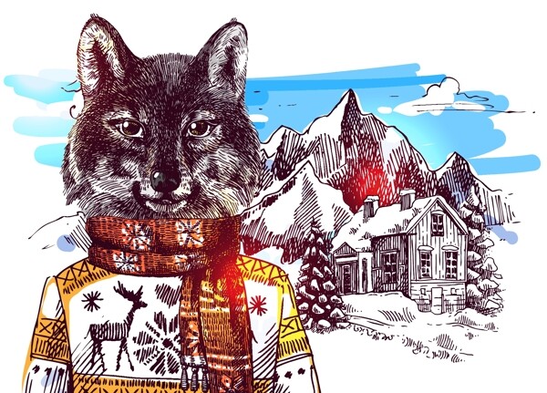 卡通狼雪山冬季动物拟人装饰画矢量