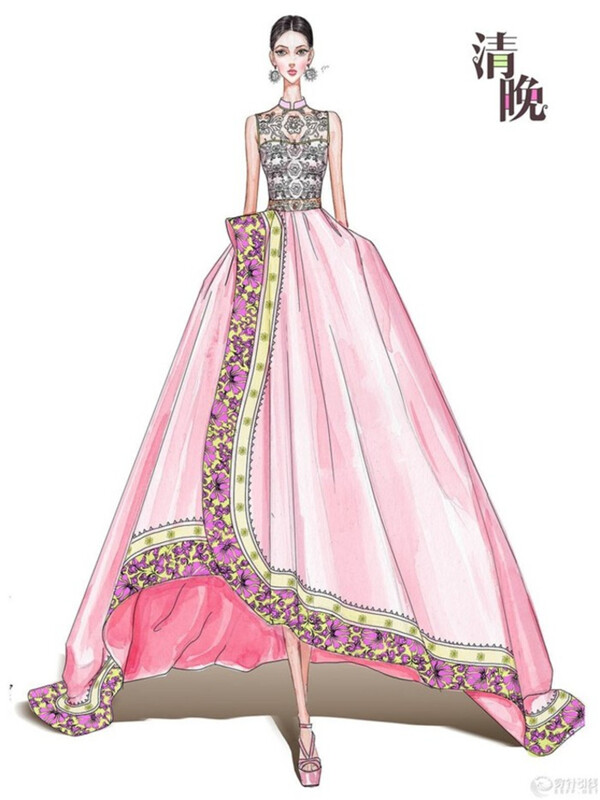 粉色花边礼服设计图