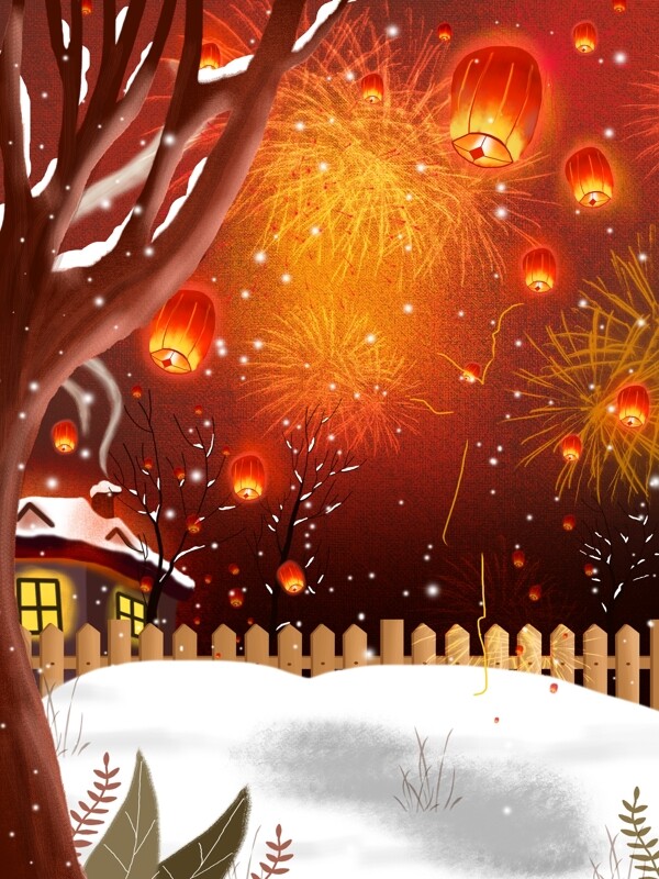 新年雪地孔明灯烟花背景设计