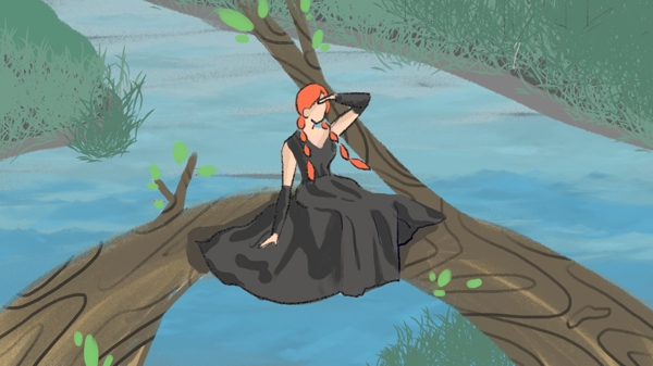红发女孩在河上的树桩