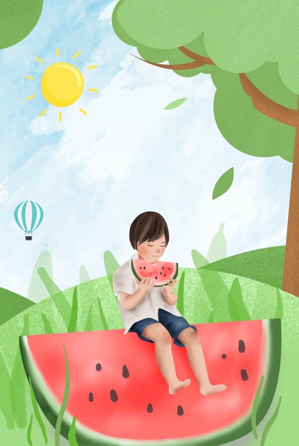 树下坐在西瓜上的乘凉孩子小暑海报