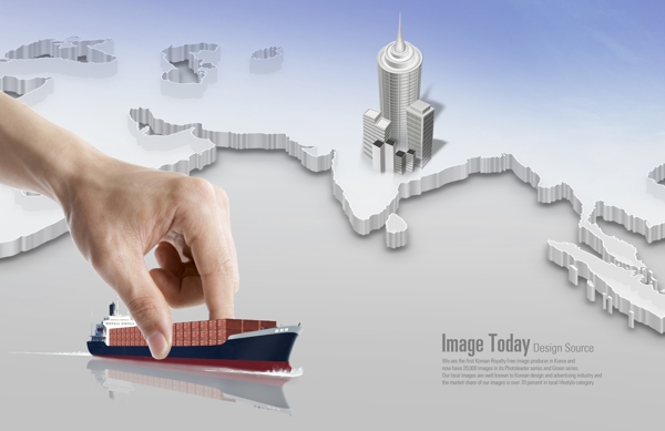 地图货船与建筑物模型PSD分层素材