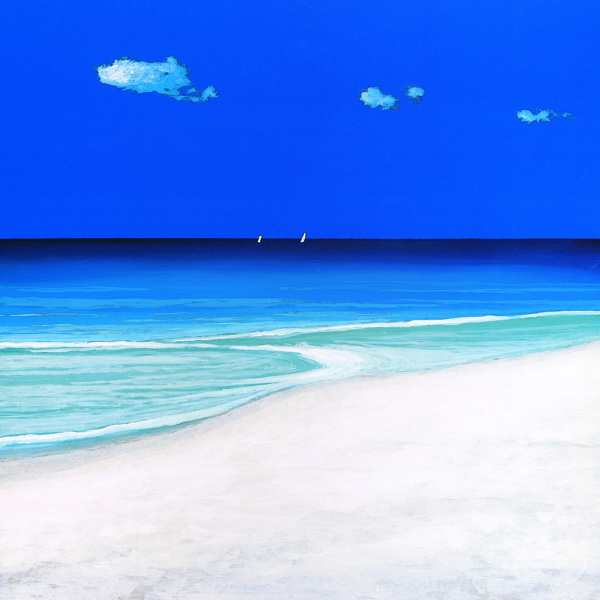 蓝天海滩风景油画图片