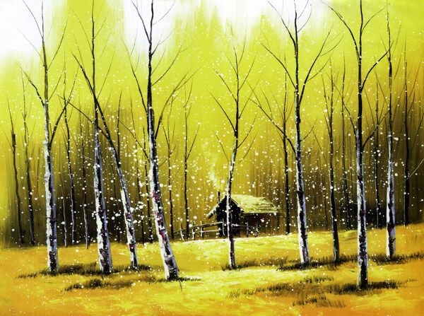 黄色树林油画图片