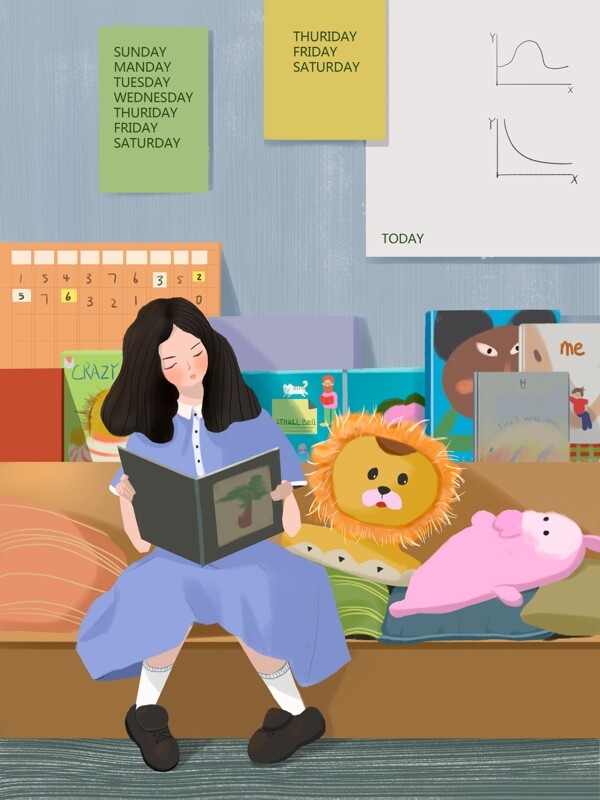 原创儿童教育文化看书学习的小女孩插画