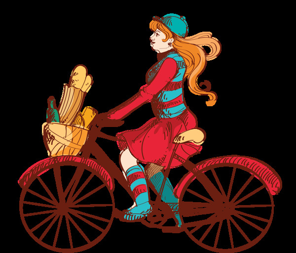 手绘女孩骑自行车插画免抠png透明素材
