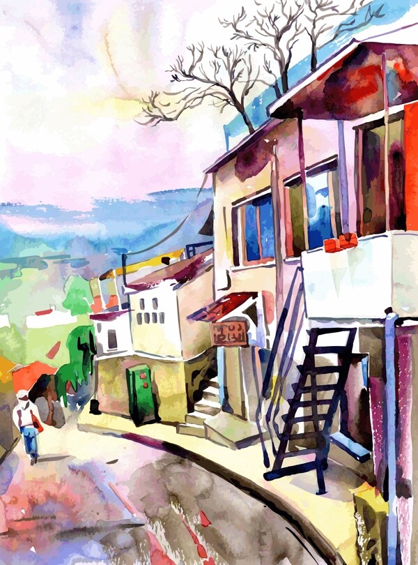 街道房子风景油画