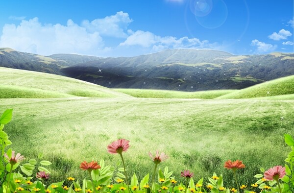 蓝天白云绿色草地田园风景背景图