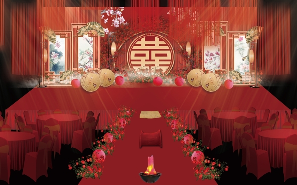 中国风红色中式传统婚礼工装效果图