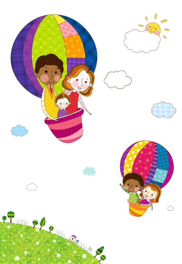 乘气球可爱卡通一家子插画免费素材
