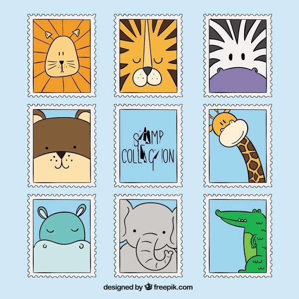 可爱的手绘野生动物邮票