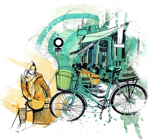 手绘女性和自行车插画