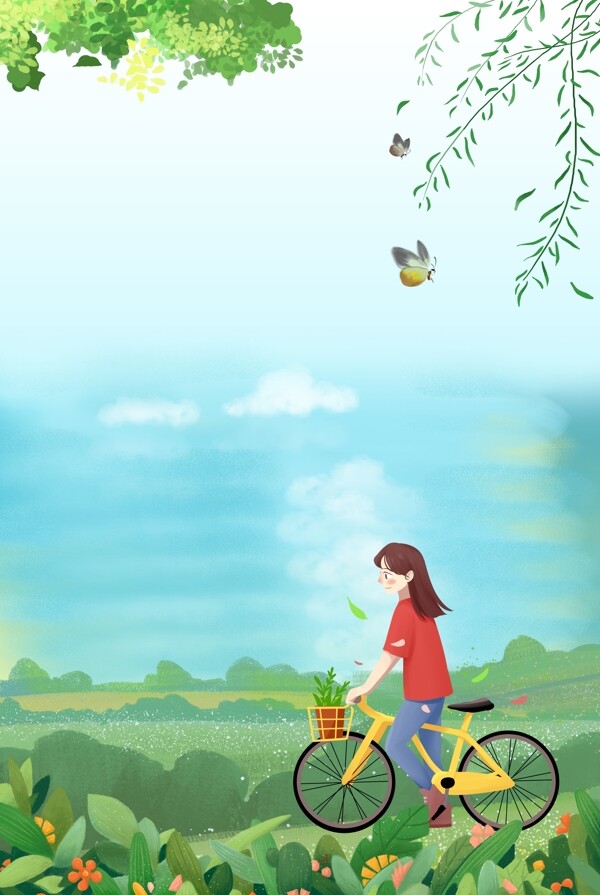 春分骑自行车的小女孩海报背景