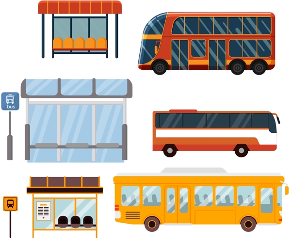 彩色扁平化的公交和站台素材