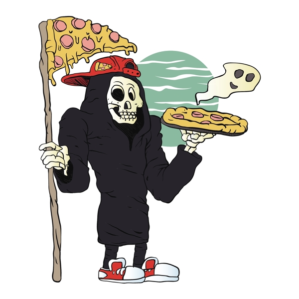 捧着披萨的骷髅僵尸