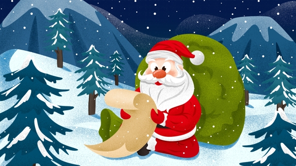 西方节日圣诞节雪地里看清单圣诞老人插画