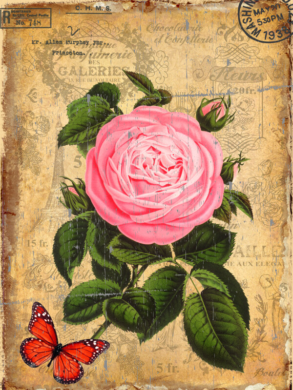 复古玫瑰花装饰画画芯