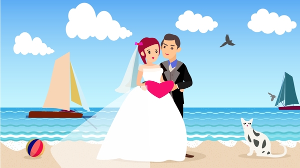 海滩婚礼人物场景扁平风格插画