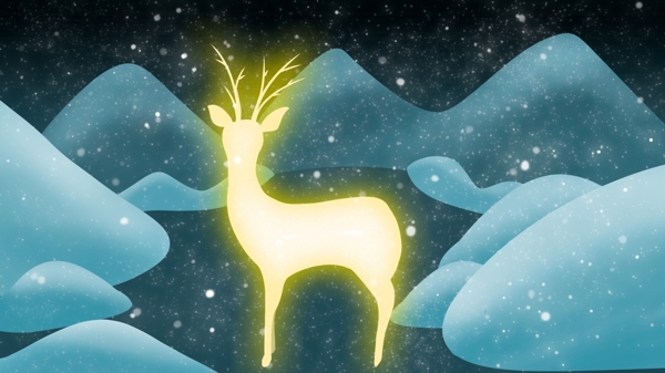 冬天麋鹿下雪堆景飘雪浪漫夜景原创插画
