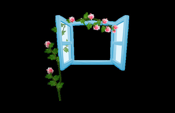 清新唯美花朵环绕蓝色窗png元素