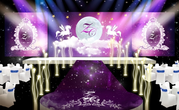 婚礼效果图紫色婚礼舞台主题婚礼
