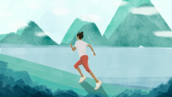 绿色山野健身跑步运动少女手绘插画