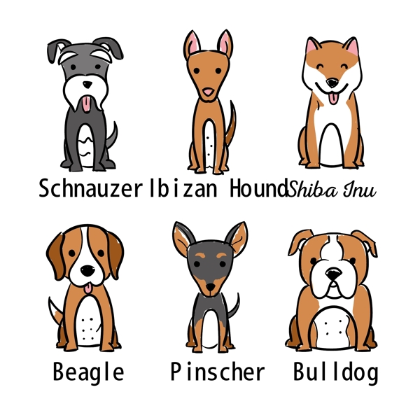 手绘六种不同品种的狗