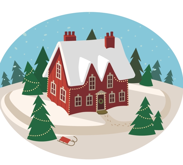 圣诞元素下雪场景圣诞树与房子矢量素材