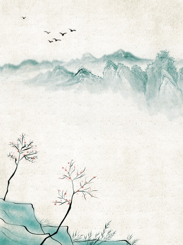 中国风淡彩复古水墨山水广告背景
