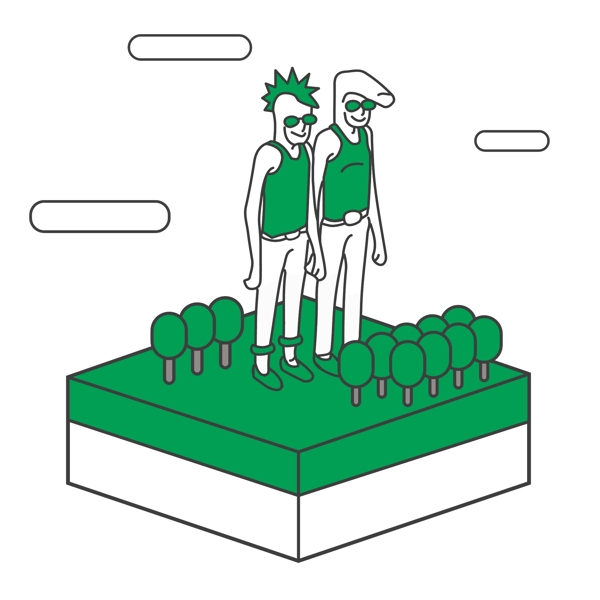 简约线条2.5D绿色人物建筑类插画图标