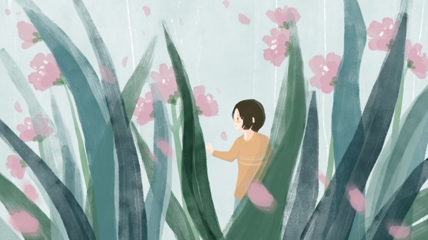 秘密花园绿色森系少女手绘插画