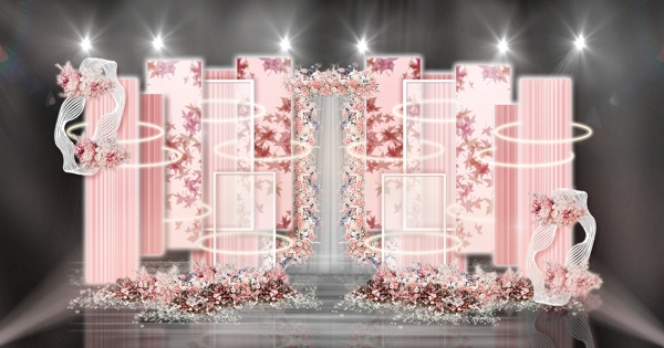 粉色枫叶多材质板材混搭霓虹灯婚礼效果图