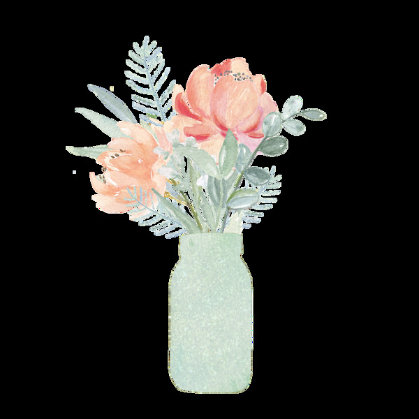 小清新淡绿色花瓶花纹粉色花朵