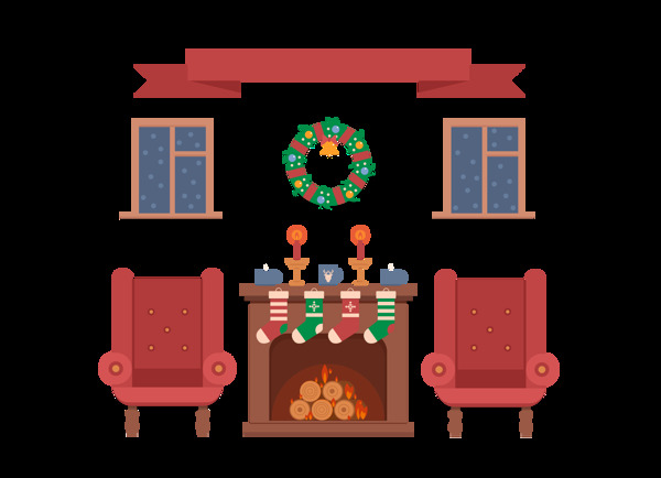 扁平卡通欧式客厅圣诞节装饰png元素