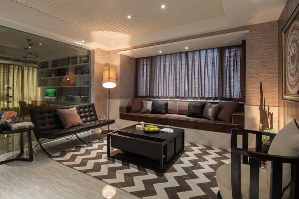现代时尚客厅褐色波浪纹地毯室内装修效果图