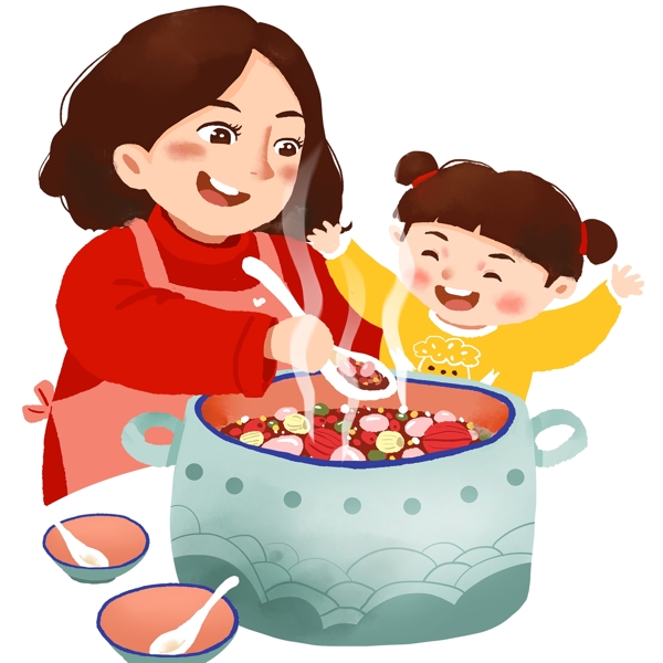 手绘开心吃粥的母女俩人物插画