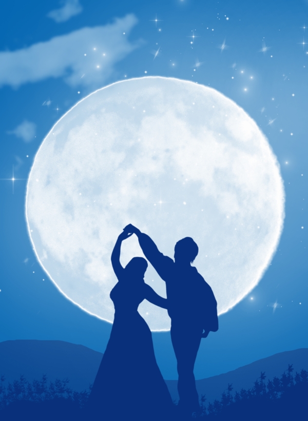 原创浪漫蓝色月下情侣起舞通用背景