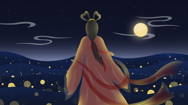 中秋节插画海上望明月的仙女