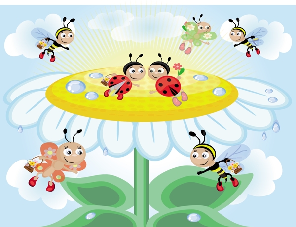 精美卡通蜜蜂采蜜矢量