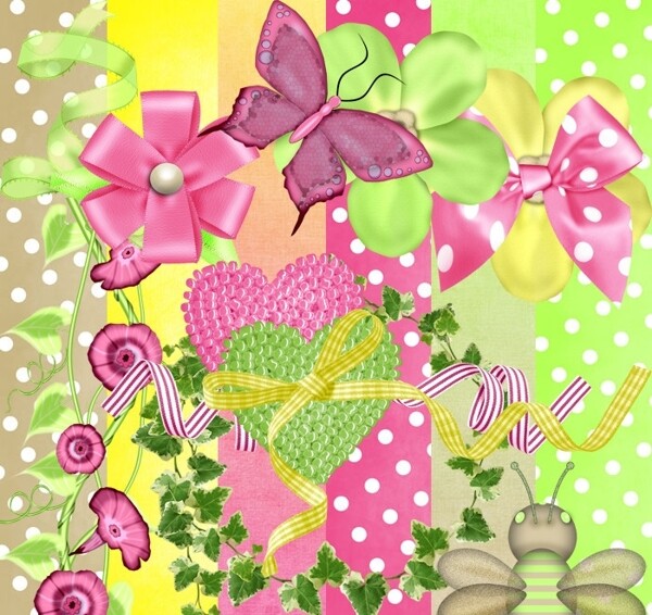 花朵缎带蝴蝶结黄粉绿图片