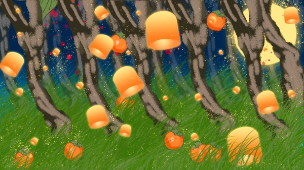 彩绘中秋树林孔明灯背景素材
